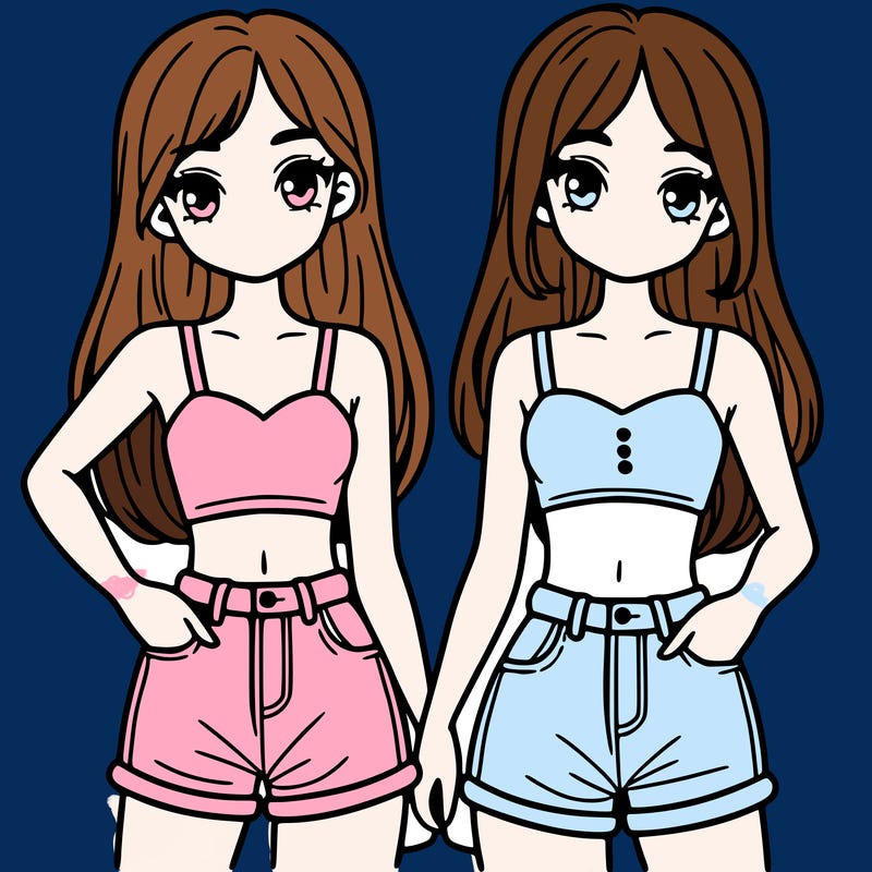 two sisters with crop tops and jean shorts and straight hair