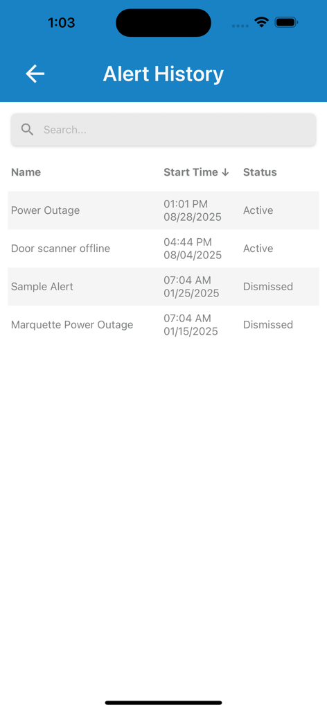 Business Continuity Plan - The alert history screen of the Business Continuity Plan app showing active and dismissed incident notifications like power outages.
