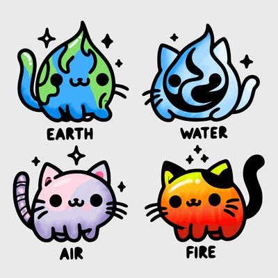 4 cats that represent the different elements, earth, water, air, and fire