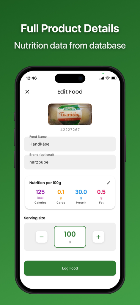 Mobile app screen showing detailed nutrition facts and macro breakdown for a food item