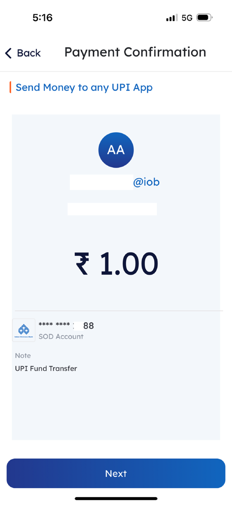 BHIM IOB UPI - Payment confirmation screen for a UPI fund transfer