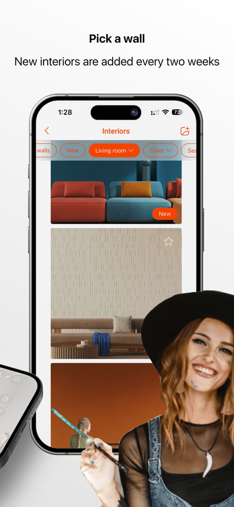Artmywall mobile app interface showing a gallery of trendy interior backgrounds for digital art mockups