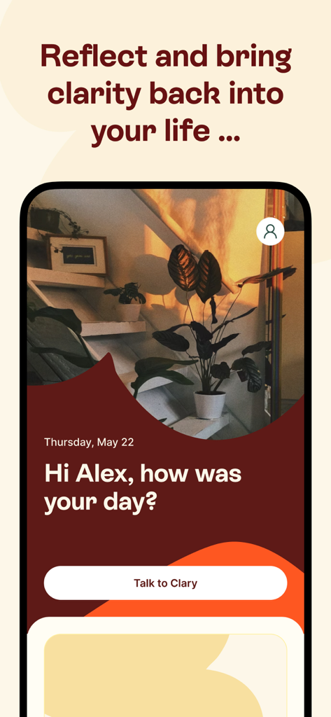Interface do aplicativo móvel Hey Clary exibindo uma saudação pessoal e um botão para iniciar uma conversa com o companheiro de IA.