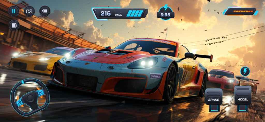 Interfaccia di gioco di corse drifting ricca d'azione con auto sportive su una pista al tramonto