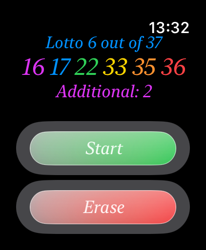 AB IsraLotto - Apple Watch의 AB 이스라엘 로또 앱 인터페이스, 6/37 로또 형식용 생성된 무작위 번호 표시