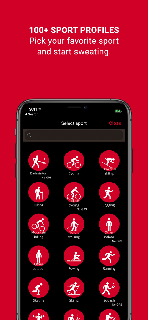 Polar Beat app interface on a smartphone showing a variety of sport icons including cycling, running, and skiing.
