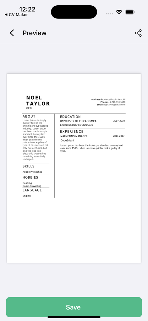 CV Maker, Resume Maker - 求職者向けのミニマリストテンプレートを示す、CVメーカーモバイルアプリ内のクリーンでプロフェッショナルな履歴書プレビュー。