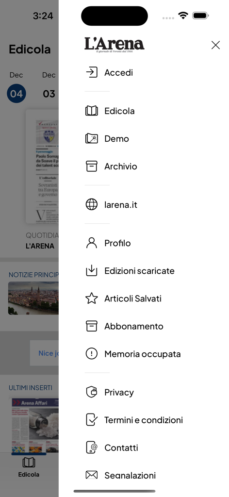 Side navigation menu of the L'Arena newspaper mobile application