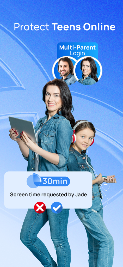 Parental Control App: Mobicip - Mobicip app interface showing a 30-minute screen time request from a child and a multi-parent login feature for digital safety.