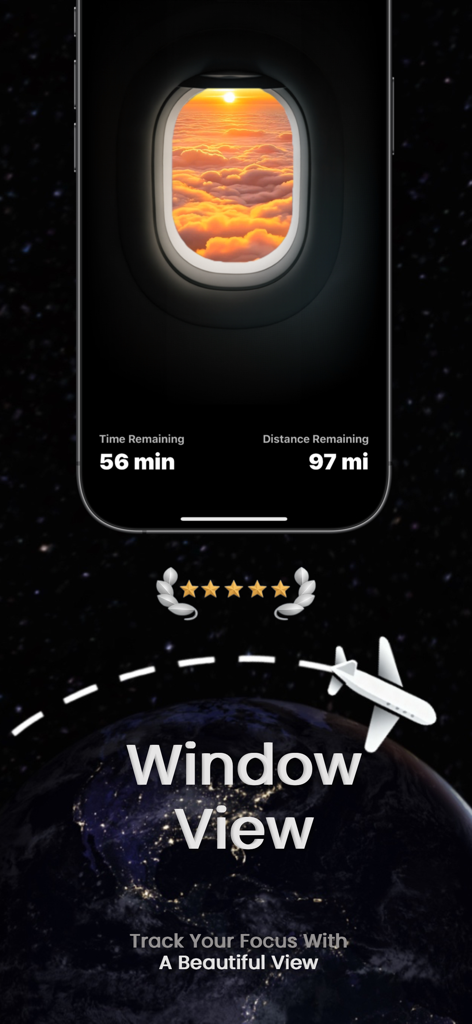 Fly Focus - Fly Focus 앱 인터페이스가 비행기 창문을 통해 보이는 일몰과 집중 카운트다운 타이머를 보여줍니다.