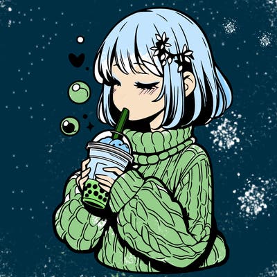 manga girl drinking boba in cozy sweater
