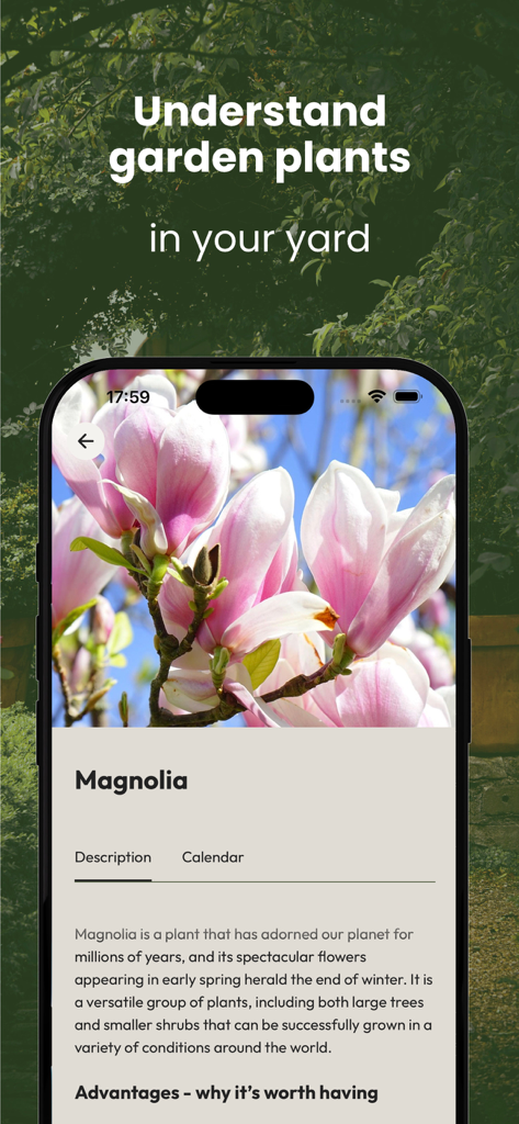 iPhone screen showing a detailed Magnolia plant profile with photos and descriptions in the GROWeR gardening app