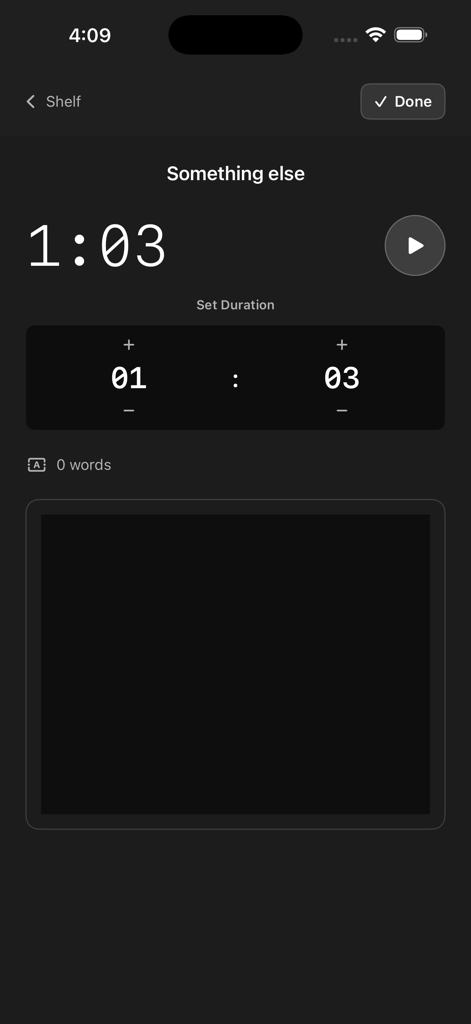 Scribble.io app interface showing a duration timer and a text area for capturing ideas.