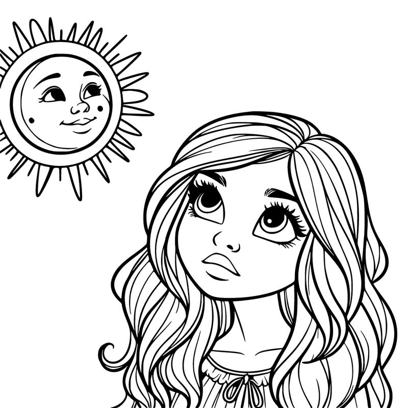 an realistic girl, who’s looking up at the sun and the moon next to each other