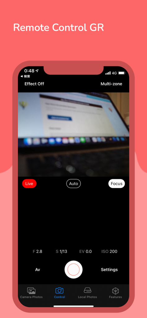 GR Remote Viewer for GR2 & GR3 - Fernbedienungsoberfläche der GR Remote Viewer App mit Live-Kameravorschau und Belichtungseinstellungen