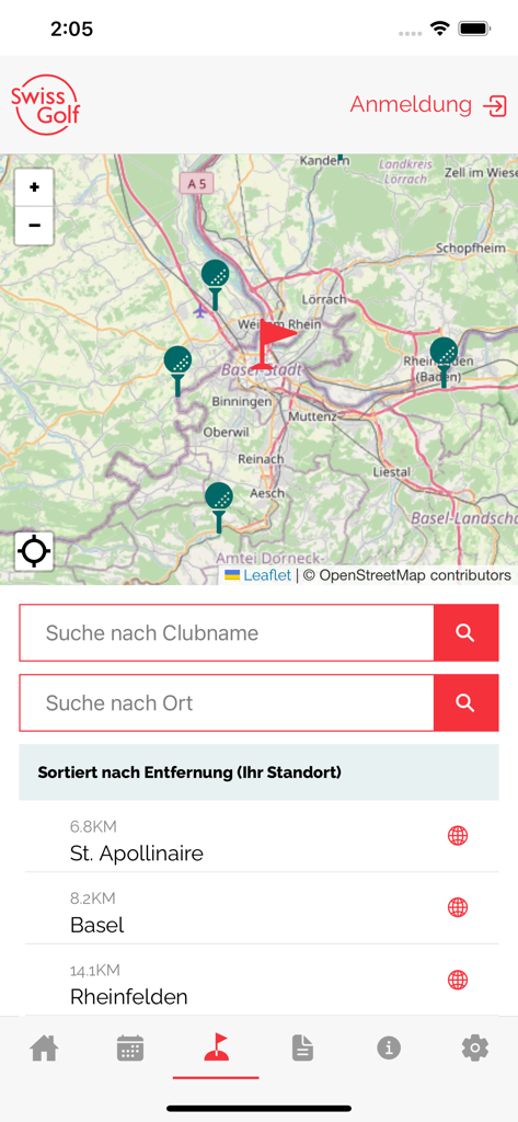 Swiss Golf - Map view of the Swiss Golf app showing nearby golf courses around Basel with search filters and a list of clubs sorted by distance