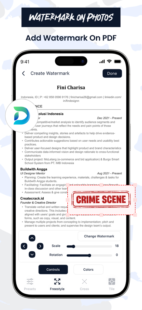 Add Watermark on Photos - Interface of the Add Watermark on Photos app showing a red stamp being added to a PDF document on an iPhone
