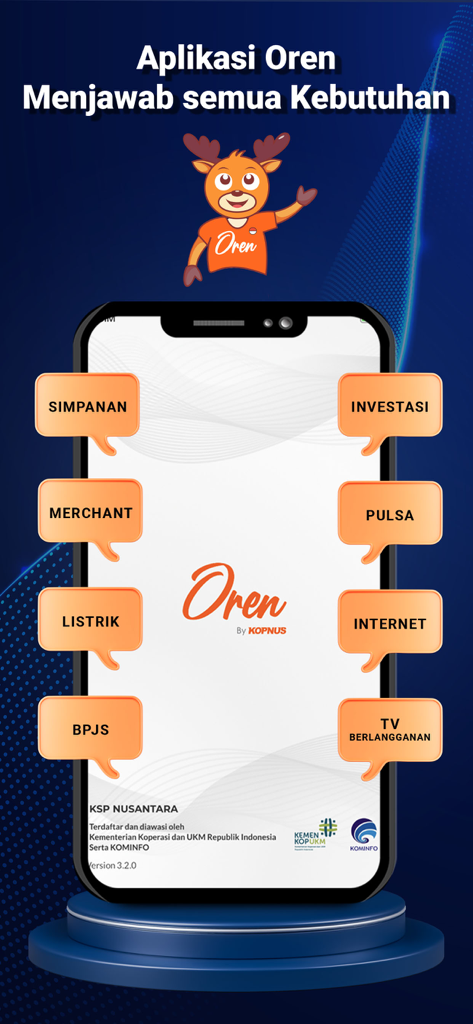 Oren by KOPNUS - Interfaccia dell'app Oren by KOPNUS che mostra vari servizi finanziari come investimenti di risparmio e pagamenti di bollette per la diaspora indonesiana