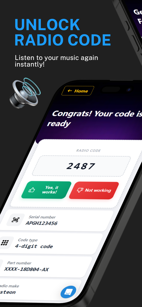 A smartphone screen displaying a generated four digit car radio unlock code with confirmation buttons.