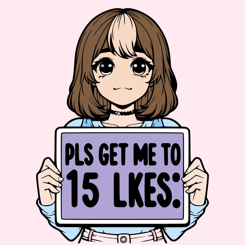 realistic girl holding up a sign that says “pls get me to 15 likes!”