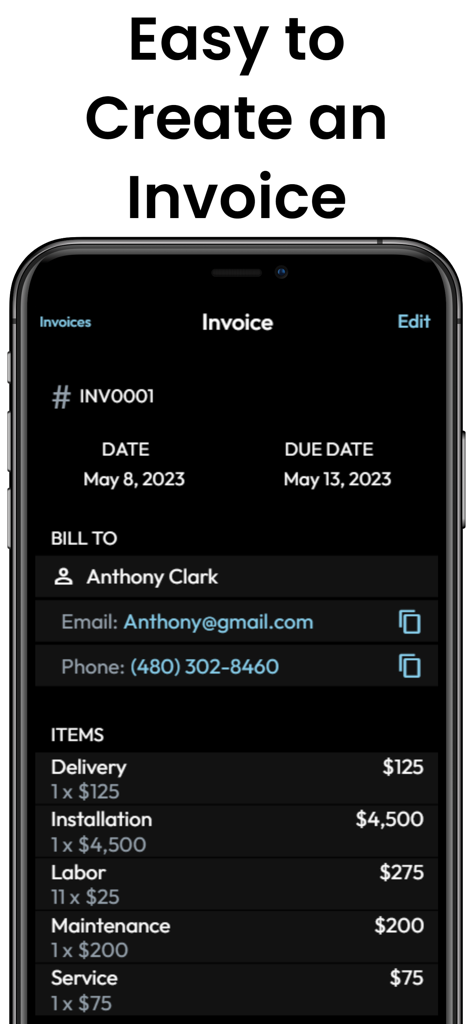Invoice Maker - PDF Creator - Mobile app interface displaying a professional invoice with dark mode design