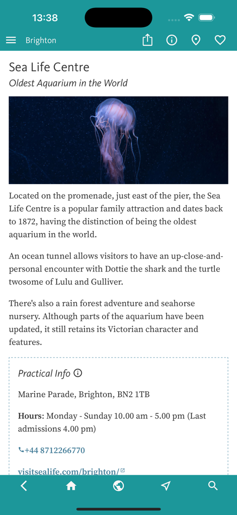 Bildschirm der Brighton Reiseführer-App für das Sea Life Centre mit Details zum Aquarium und Besuchsinformationen