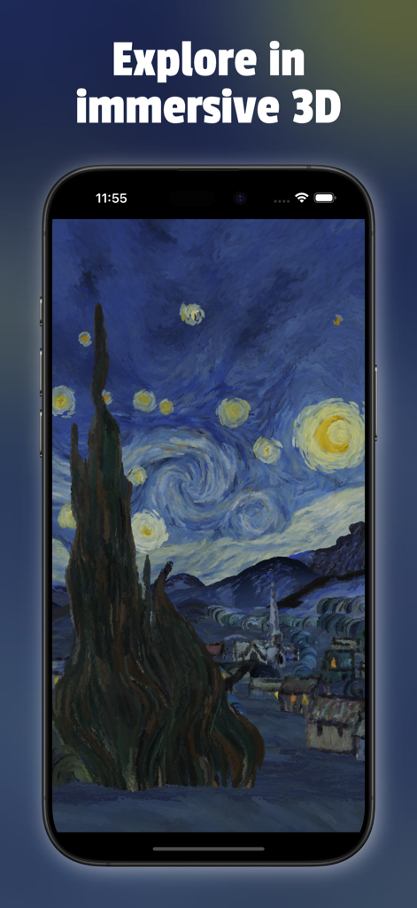 Starry Night Interactive - Una vista inmersiva en 3D de la pintura La noche estrellada de Van Gogh en la pantalla de un iPhone.