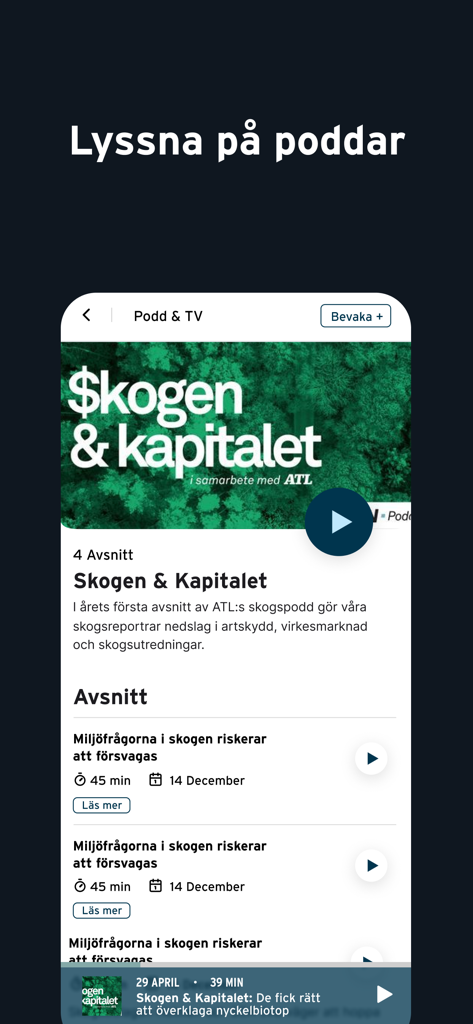 Mobile app interface for ATL Nyheter showing a list of forestry and finance podcasts.