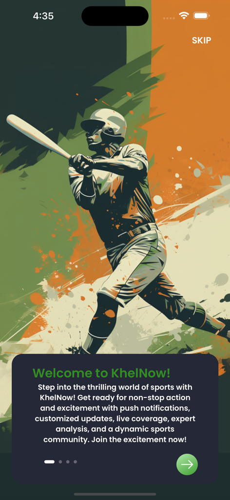 Welcome screen of Khel Now sports app featuring an artistic illustration of a cricket player swinging a bat