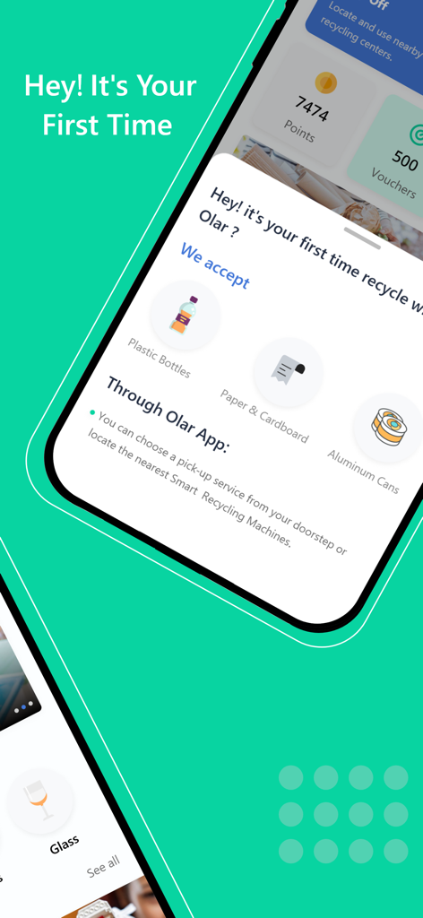 Pantalla de bienvenida de la aplicación Olar que muestra los materiales reciclables aceptados y los puntos de recompensa.