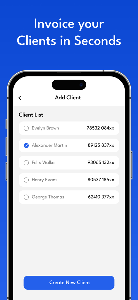 Invoice Maker & Quotation - Mobile app screen showing a list of clients with names and contact details and a button to create a new client