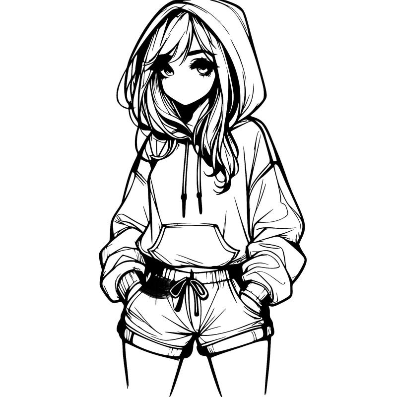 realistic girl in shorts and hoodie