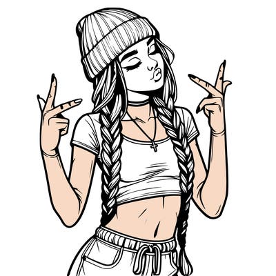 realistic teenage girl with braids and a beanie and crop top doing 🫶🏼