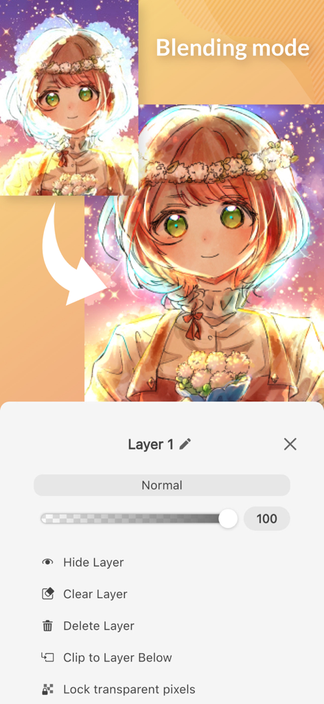 Clip Studio Paint for iPhone - Clip Studio Paint for iPhone interface showing layer blending mode settings and anime character art