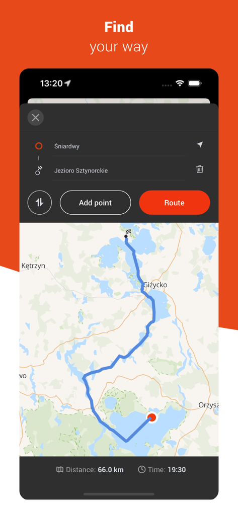 Captura de pantalla de la aplicación de navegación acuática mostrando una ruta de barco planificada en un mapa del lago con distancia y tiempo estimado de viaje