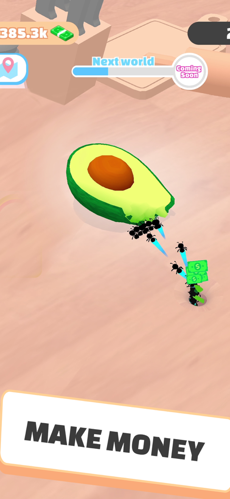 Idle Ants - Simulator Game - A swarm of ants eating a sliced avocado to earn money in the Idle Ants simulator game.