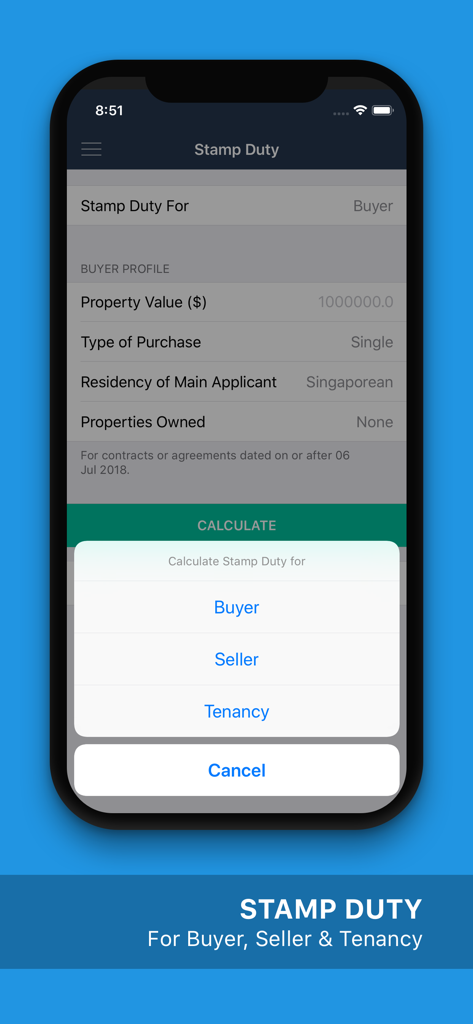 SG Property Toolkit PRO - Stamp duty calculator interface in SG Property Toolkit PRO app for Singapore real estate