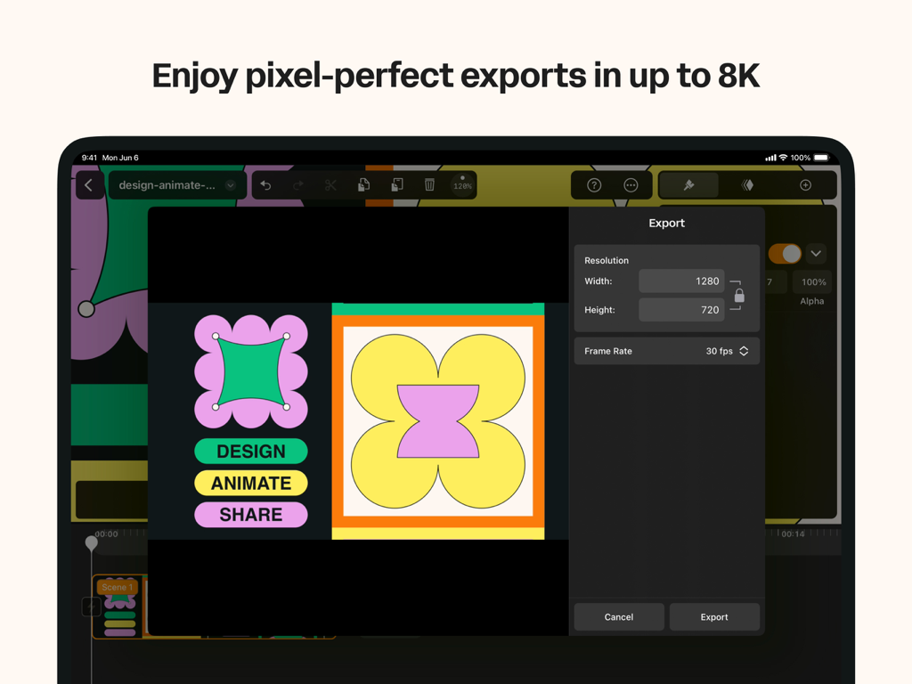 Linearity Move Motion Graphics - The export menu of Linearity Move on iPad displaying resolution and frame rate settings for high-quality motion graphics.