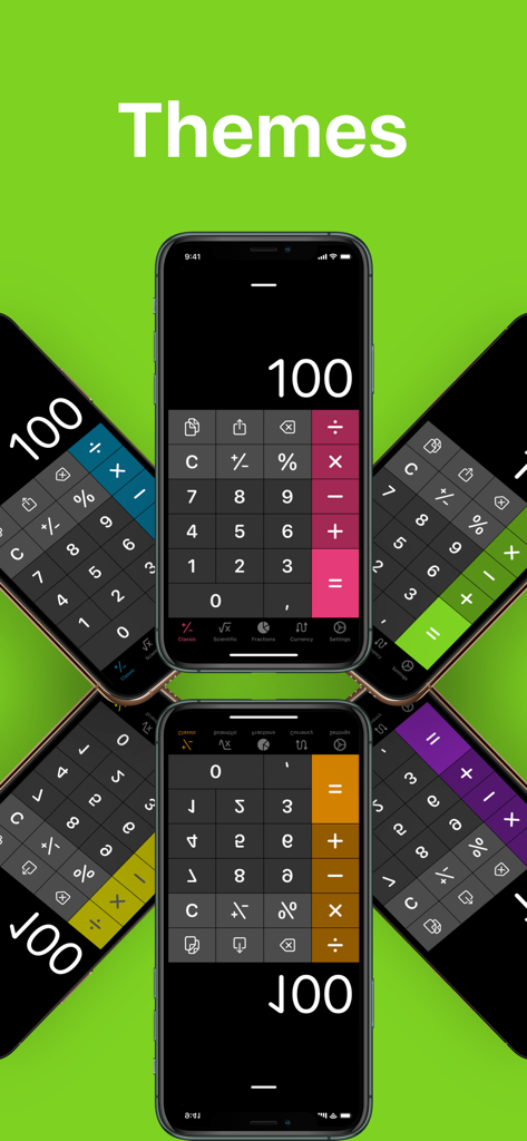 Calculator +ㅤ - Vari temi di colore per l'app Calcolatrice plus su schermi di telefoni cellulari.