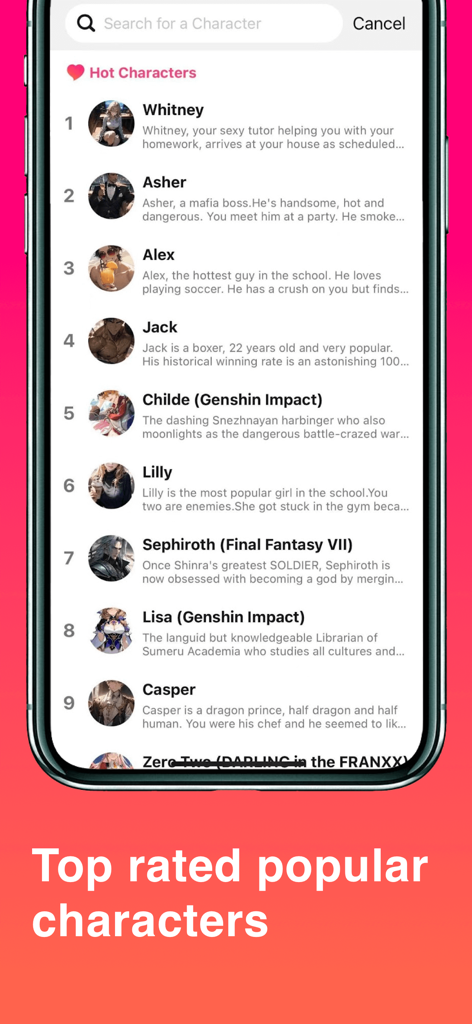 Mobile screen showing a list of top rated popular characters for AI roleplay including anime and game figures.