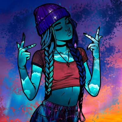 realistic teenage girl with braids and a beanie and crop top doing 🫶🏼