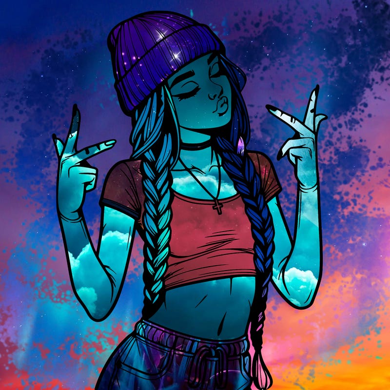 realistic teenage girl with braids and a beanie and crop top doing 🫶🏼
