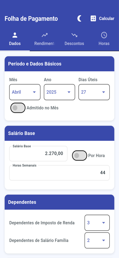 Folha de Pagamento - Tela de entrada de dados para uma calculadora de folha de pagamento brasileira mostrando configurações de salário e dependentes