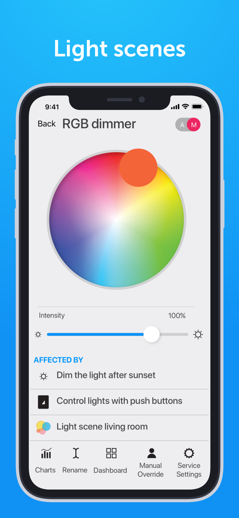 TapHome Official Smart Home - TapHome smart home app RGB dimmer screen showing a color wheel intensity slider and active smart rules for light scenes