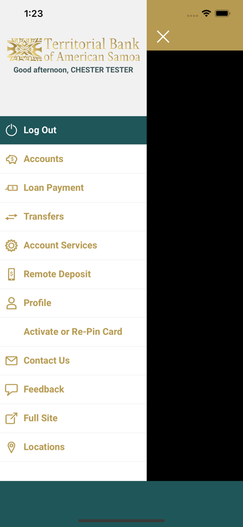 TBAS - Navigation menu of the TBAS mobile banking app showing options for accounts loan payments and transfers