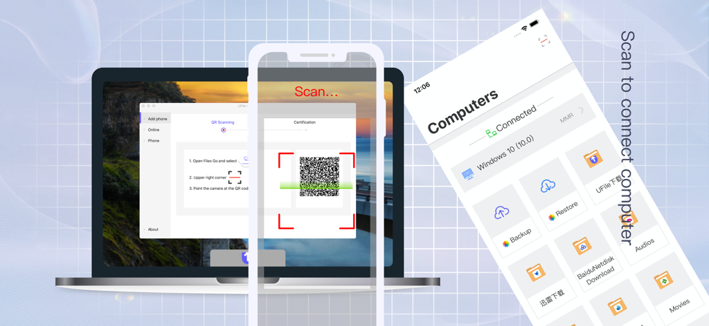Smartphone escaneando un código QR en la pantalla de una laptop para conectar de forma inalámbrica la aplicación Files Go a una computadora.