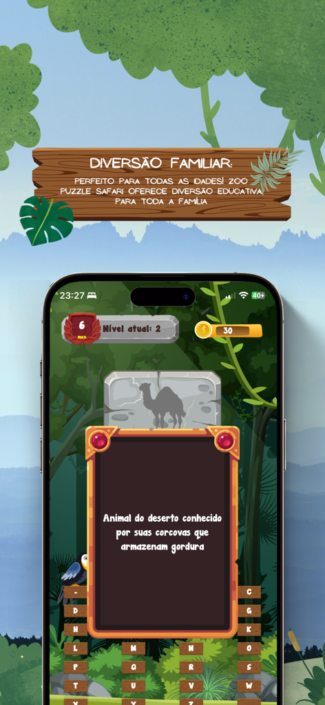 Caça Palavra Animais - Uma tela mobile mostrando o jogo Zoo Puzzle com uma charada de animal sobre um camelo e uma grade de caça-palavras em um cenário de selva