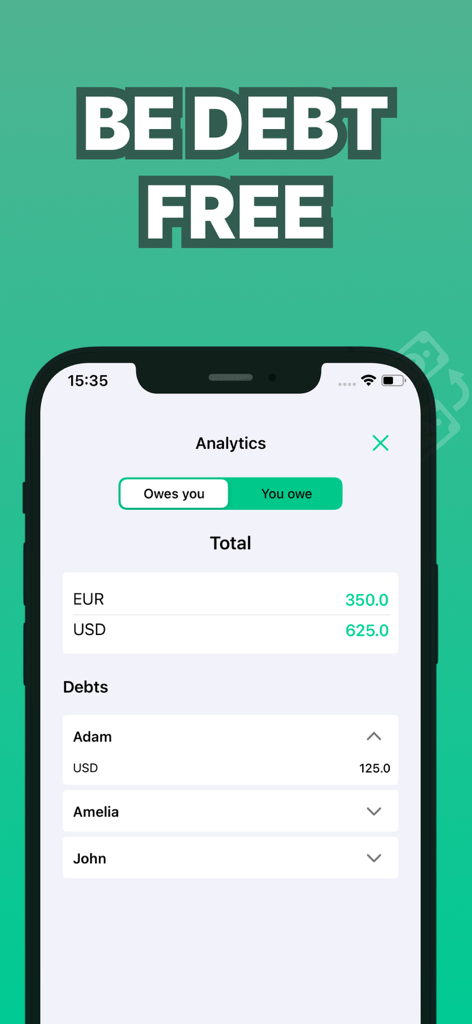 Analytics screen of the Debt Tracker app showing total debts and receivables in multiple currencies
