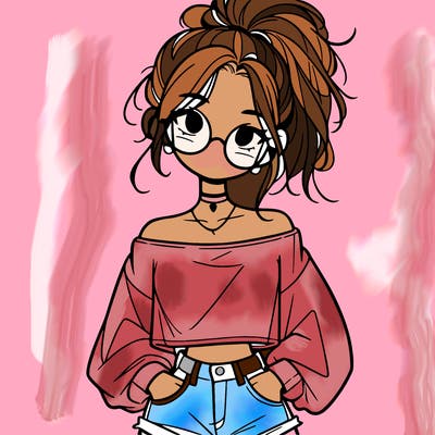 girl with a messy ponytail glasses a baggy crop top and jean shorts
