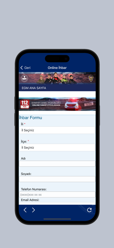 EGM Mobil - Modulo di segnalazione online nell'app EGM Mobil per la Polizia Nazionale Turca